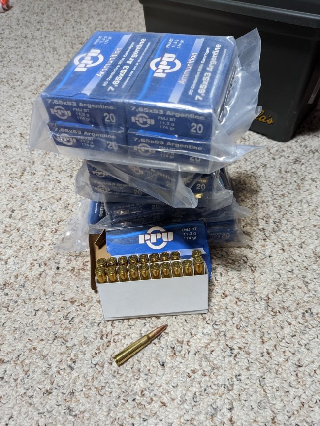 400 rounds of 7.65x53 Argentine FMJBT 174 grain factory-loaded by PPU